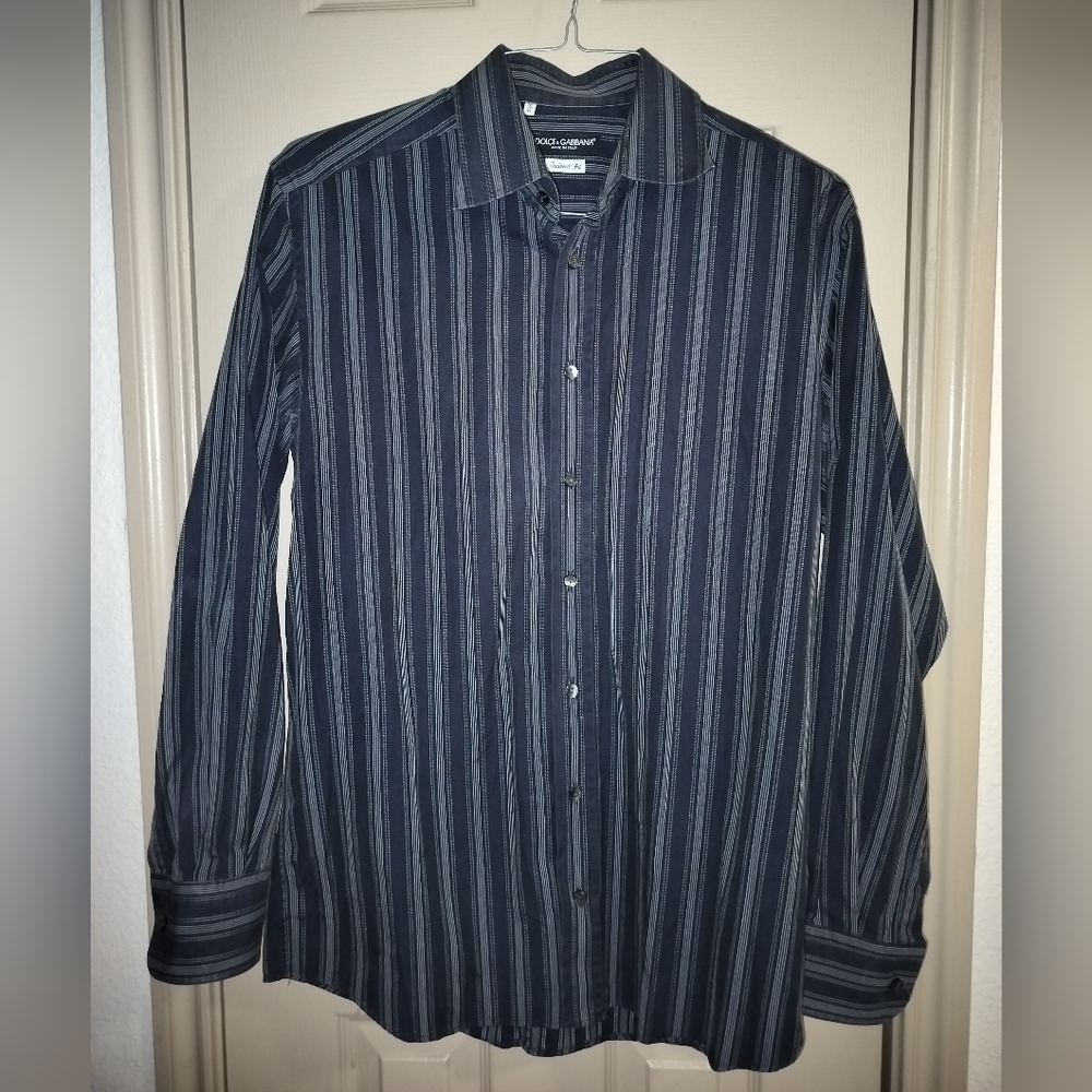 Dolce & Gabbana Men's Black and Gray Striped Button Down Shirt Sz 16/41